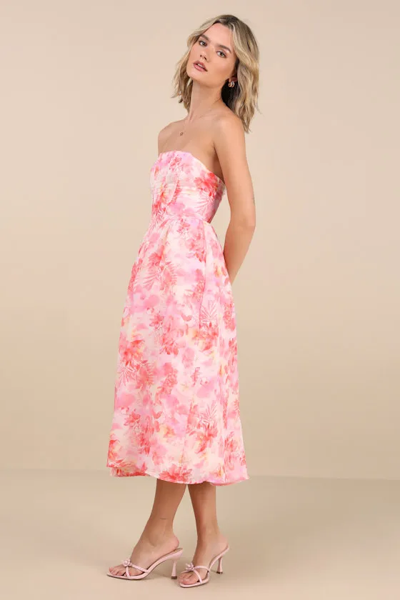 Eulalia Pink Floral Lace-Up Strapless Bustier Midi Dress sold by Lulus