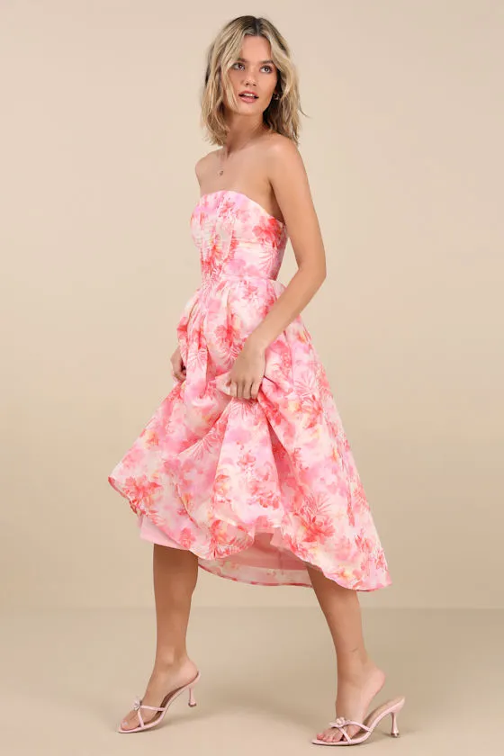 Eulalia Pink Floral Lace-Up Strapless Bustier Midi Dress sold by Lulus product image thumbnail 2