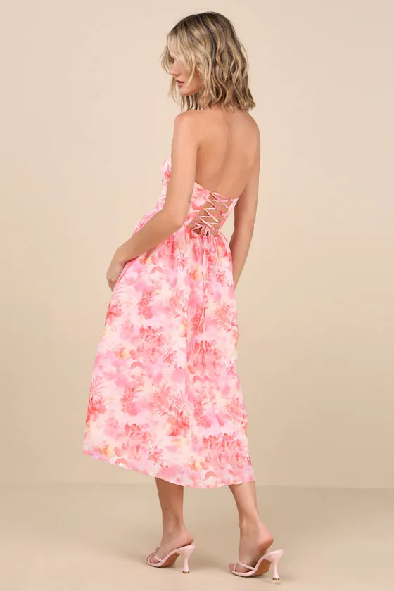 Eulalia Pink Floral Lace-Up Strapless Bustier Midi Dress sold by Lulus product image thumbnail 3