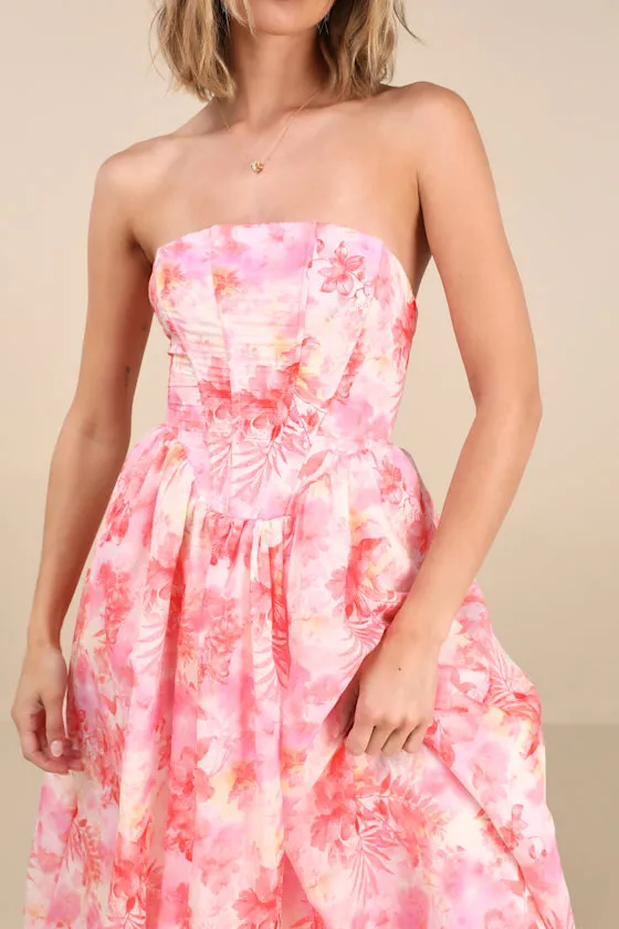 Eulalia Pink Floral Lace-Up Strapless Bustier Midi Dress sold by Lulus product image thumbnail 4