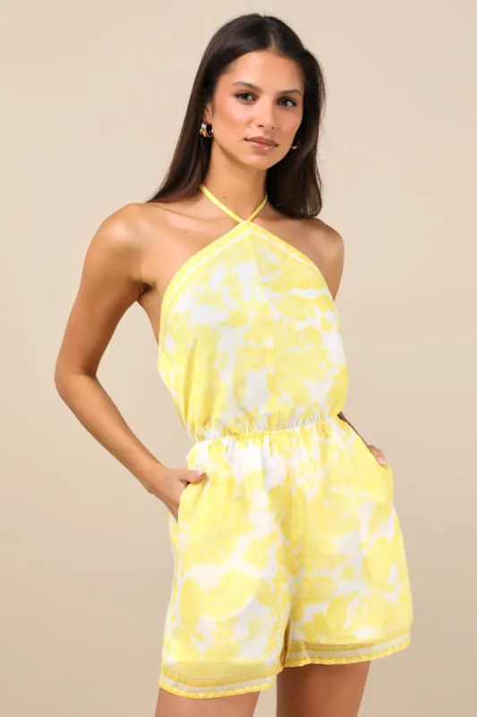 Moya Yellow and White Floral Halter Romper sold by Lulus