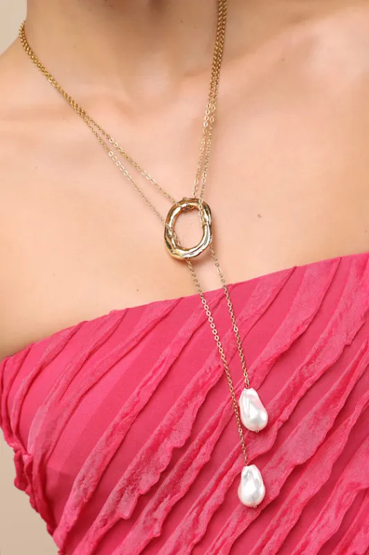 Solar Gold Pearl Statement Necklace sold by Lulus