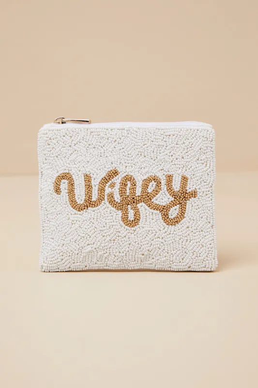 Wifey White and Gold Beaded Zipper Pouch sold by Lulus