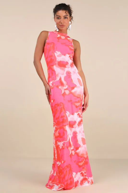 Telestia Hot Pink Abstract Mesh Mermaid Maxi Dress sold by Lulus