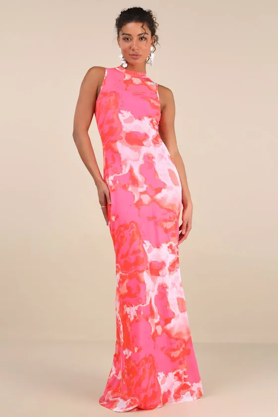 Telestia Hot Pink Abstract Mesh Mermaid Maxi Dress sold by Lulus