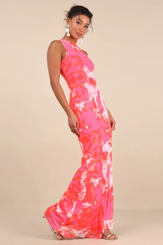 Telestia Hot Pink Abstract Mesh Mermaid Maxi Dress sold by Lulus product image thumbnail 3