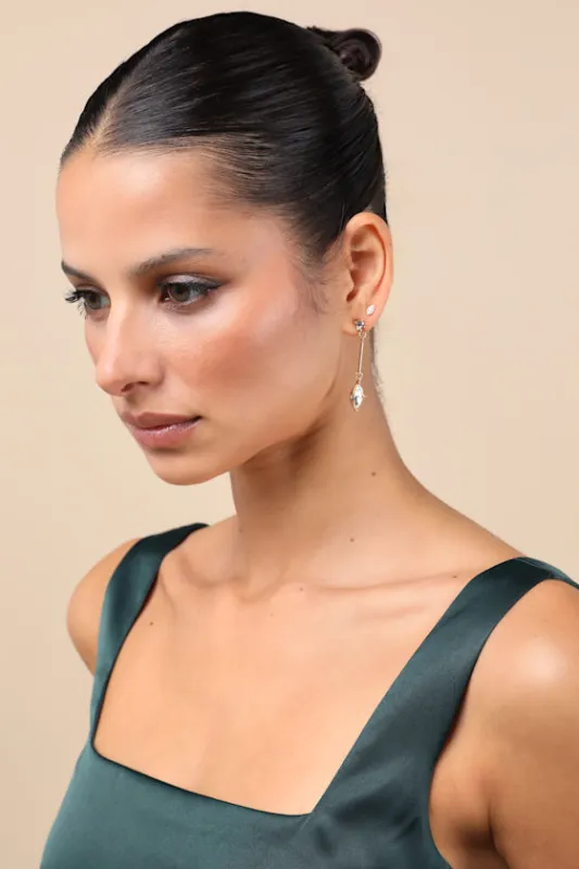 Just Dazzling Gold Rhinestone Drop Earrings sold by Lulus