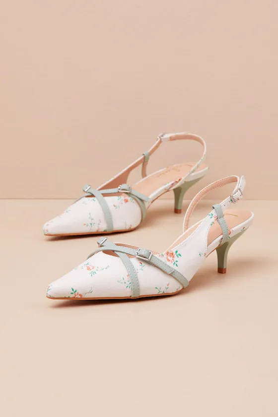 Marinette Mint Floral Pointed-Toe Kitten Heel Pumps sold by Lulus product image thumbnail 2