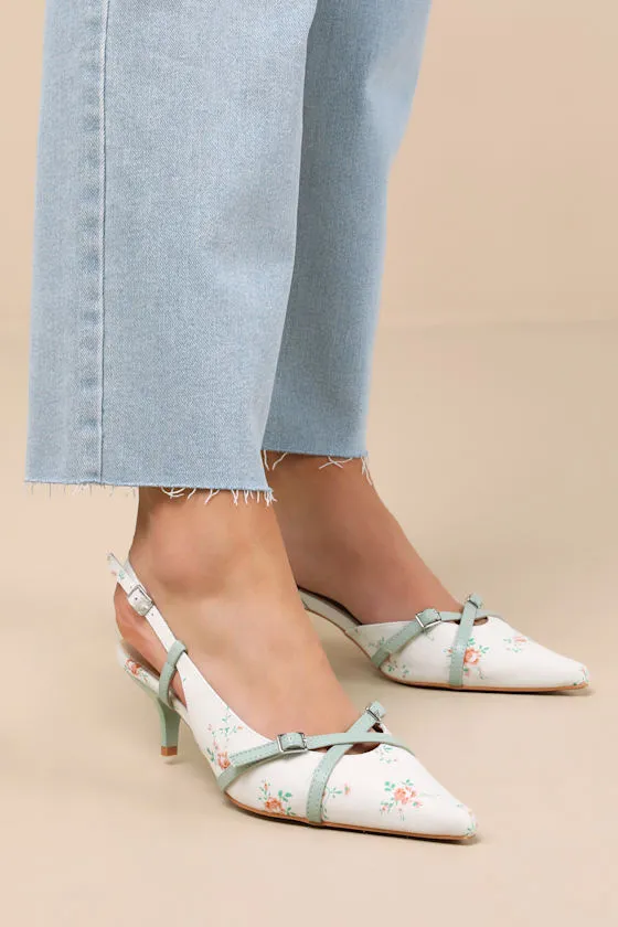 Marinette Mint Floral Pointed-Toe Kitten Heel Pumps sold by Lulus product image thumbnail 3