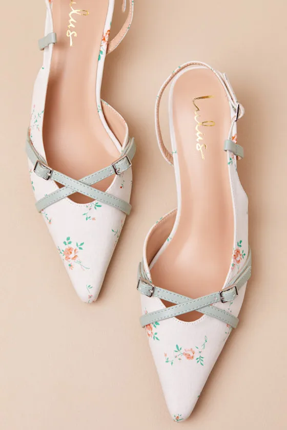 Marinette Mint Floral Pointed-Toe Kitten Heel Pumps sold by Lulus product image thumbnail 4