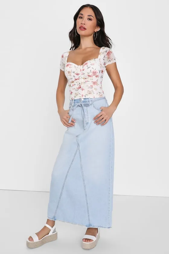 Sweeter Vibes Ivory Floral Mesh Short Sleeve Bustier Crop Top sold by Lulus product image thumbnail 2