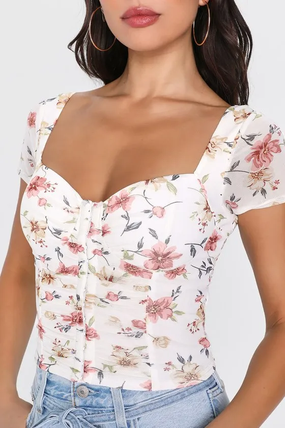 Sweeter Vibes Ivory Floral Mesh Short Sleeve Bustier Crop Top sold by Lulus product image thumbnail 3