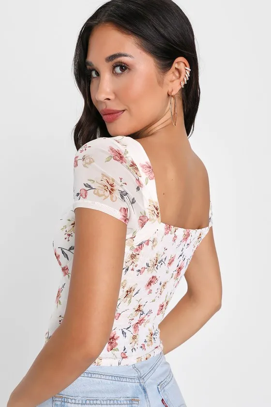 Sweeter Vibes Ivory Floral Mesh Short Sleeve Bustier Crop Top sold by Lulus product image thumbnail 4