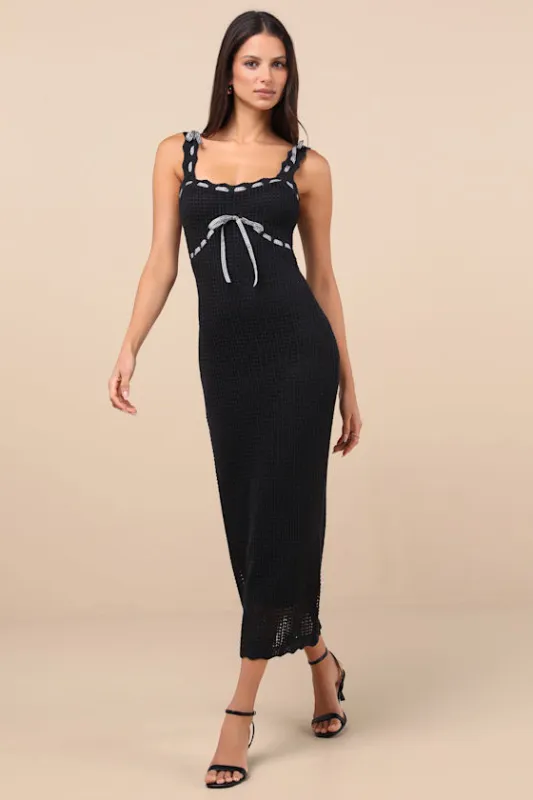 Agostina Black Knit Gingham Bow Midi Dress sold by Lulus