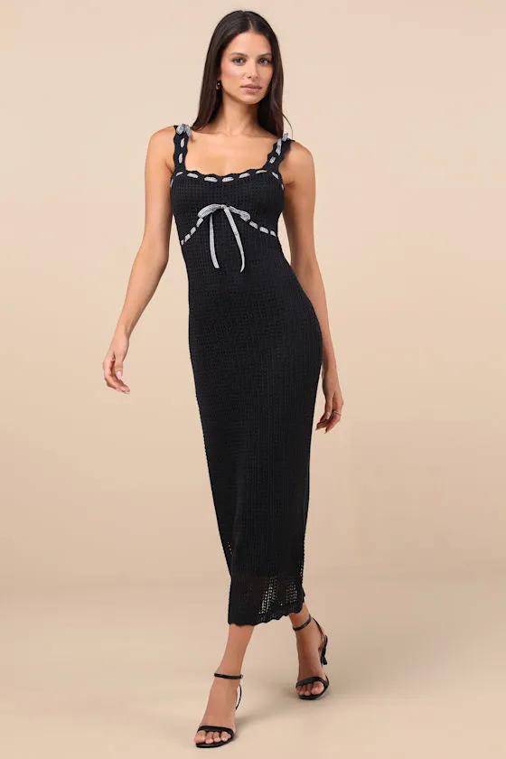 Agostina Black Knit Gingham Bow Midi Dress sold by Lulus