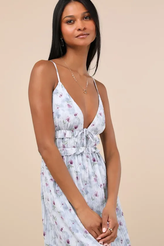 Sandi Light Blue Floral Tie-Front Midi Dress sold by Lulus