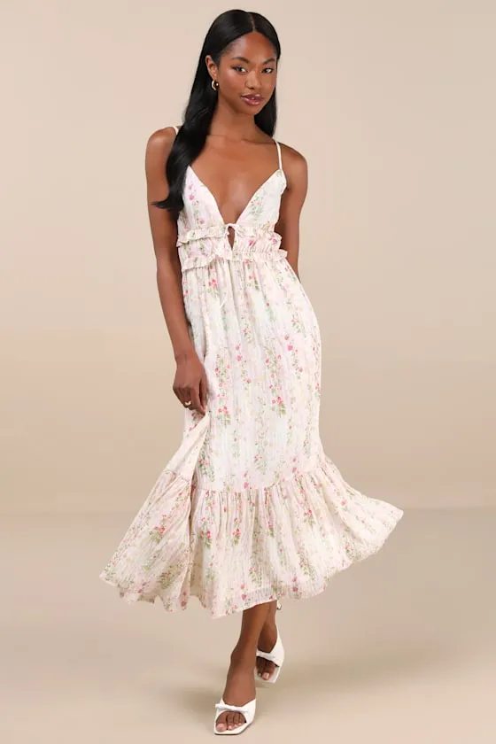 Sandi Ivory Multi Floral Tie-Front Midi Dress sold by Lulus