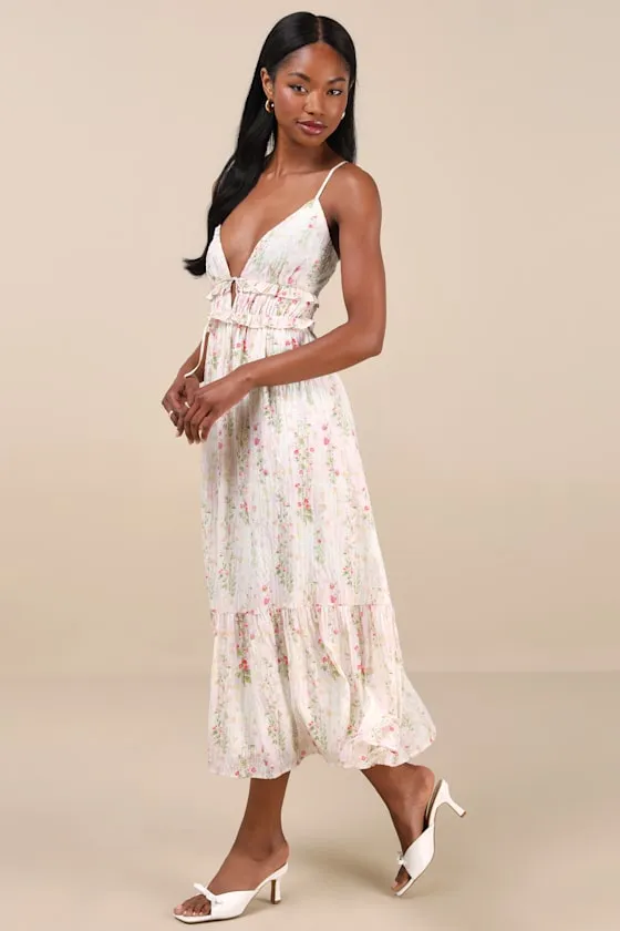 Sandi Ivory Multi Floral Tie-Front Midi Dress sold by Lulus product image thumbnail 2