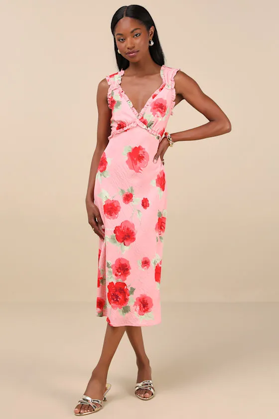 Clarrie Pink Floral Crinkle Satin Ruffled Midi Dress sold by Lulus product image thumbnail 2