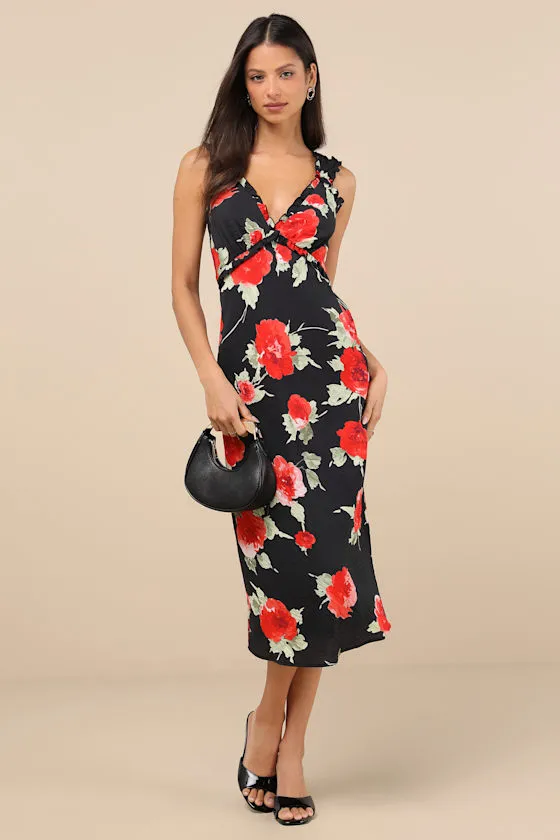 Clarrie Black Floral Crinkle Satin Ruffled Midi Dress sold by Lulus