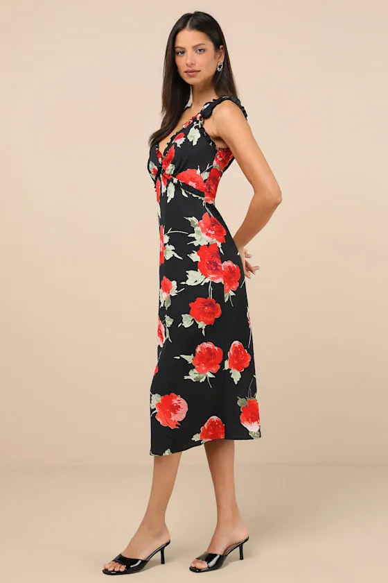 Clarrie Black Floral Crinkle Satin Ruffled Midi Dress sold by Lulus product image thumbnail 2