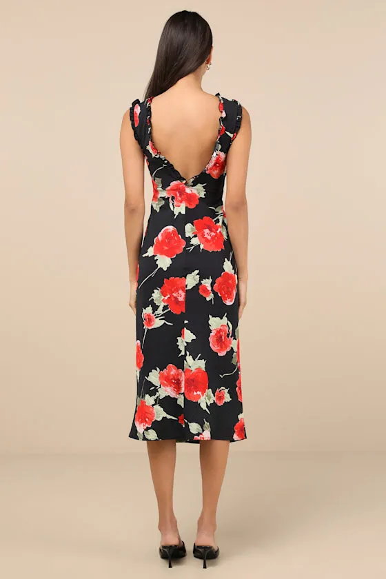 Clarrie Black Floral Crinkle Satin Ruffled Midi Dress sold by Lulus product image thumbnail 3
