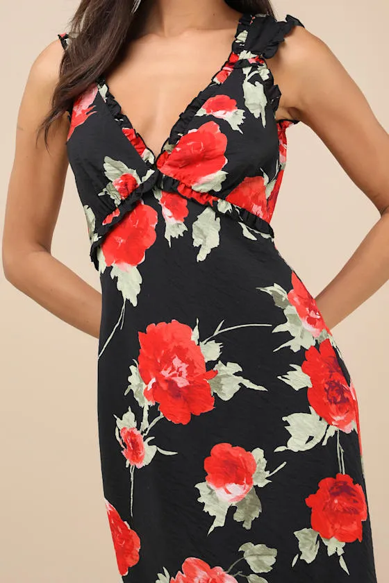 Clarrie Black Floral Crinkle Satin Ruffled Midi Dress sold by Lulus product image thumbnail 4