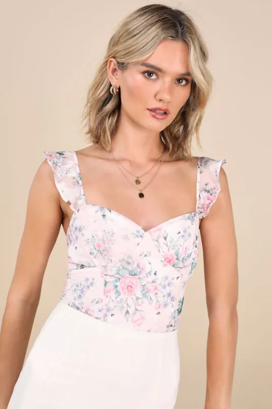 Niella Blush Floral Ruffled Bodysuit sold by Lulus