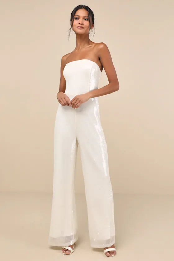 Cherelle Cream Sequin Strapless Jumpsuit sold by Lulus