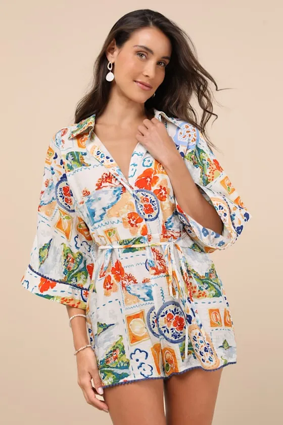 Azzurra Ivory Multi Print Three-Quarter Sleeve Romper sold by Lulus product image thumbnail 2