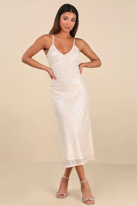Edaline Cream Floral Sequin Slip Midi Dress sold by Lulus product image thumbnail 2
