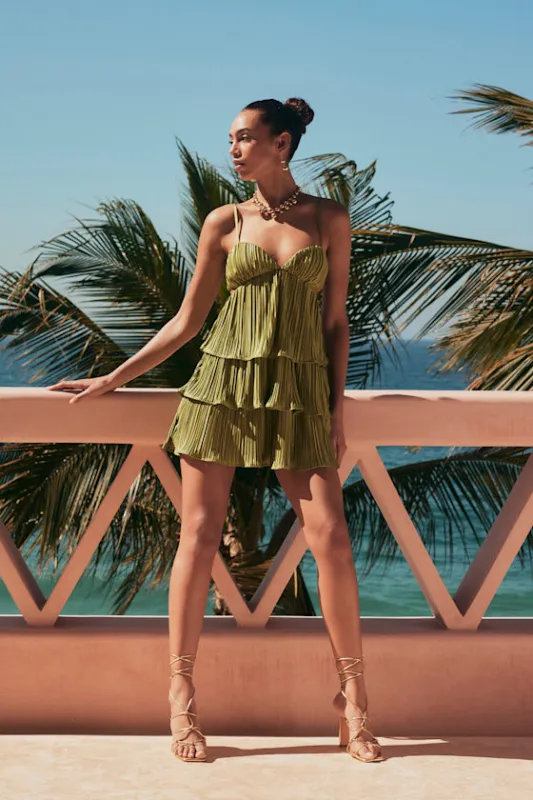 Sleek Dedication Green Satin Plisse Cutout Tiered Mini Dress sold by Lulus