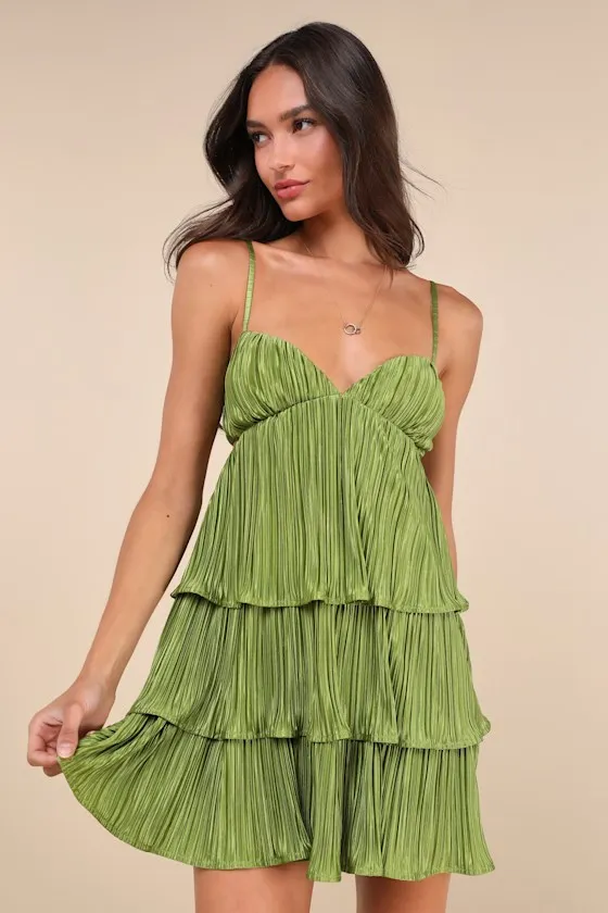 Sleek Dedication Green Satin Plisse Cutout Tiered Mini Dress sold by Lulus product image thumbnail 2