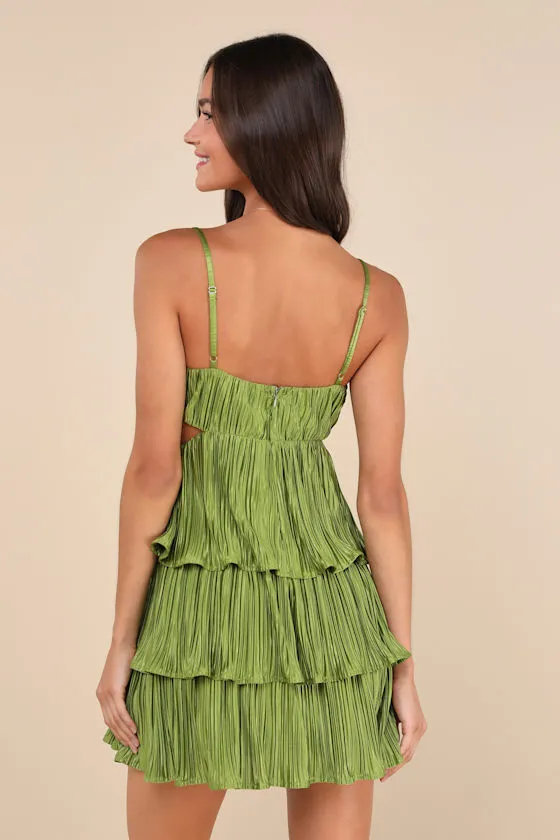 Sleek Dedication Green Satin Plisse Cutout Tiered Mini Dress sold by Lulus product image thumbnail 4