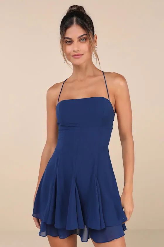 Perfected Sweetness Dark Blue Pleated Tiered Mini Dress sold by Lulus