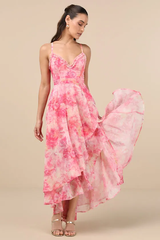 Desdra Pink Floral Ruffled Tiered High-Low Maxi Dress sold by Lulus