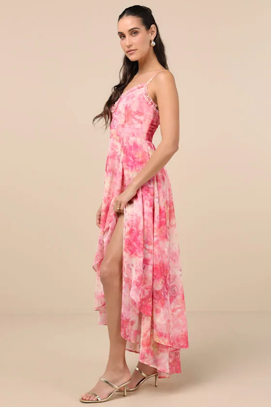 Desdra Pink Floral Ruffled Tiered High-Low Maxi Dress sold by Lulus product image thumbnail 2