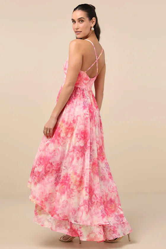 Desdra Pink Floral Ruffled Tiered High-Low Maxi Dress sold by Lulus product image thumbnail 3