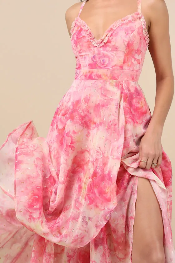 Desdra Pink Floral Ruffled Tiered High-Low Maxi Dress sold by Lulus product image thumbnail 4
