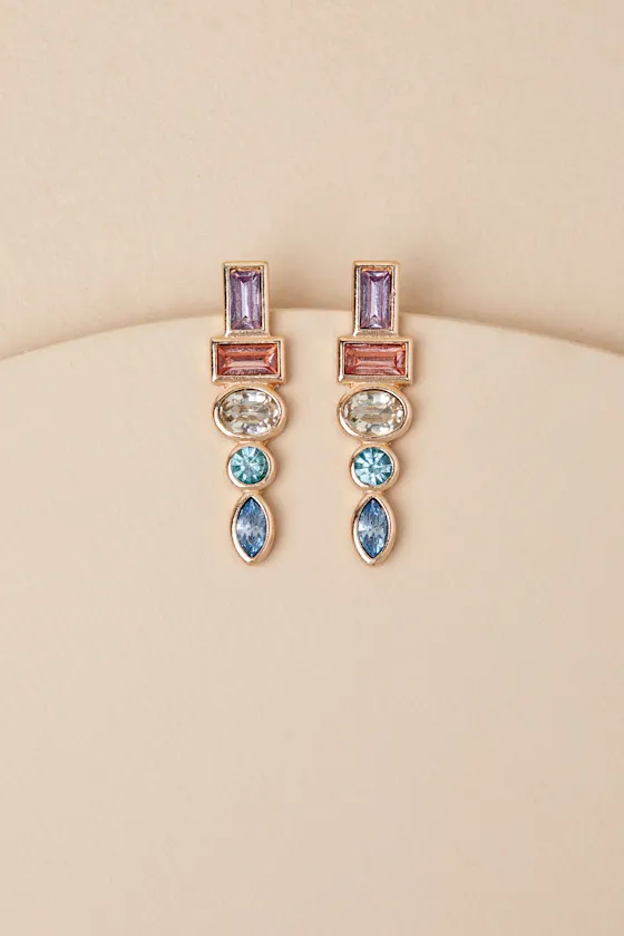 Loulette Gold Multi Rhinestone Drop Earrings sold by Lulus