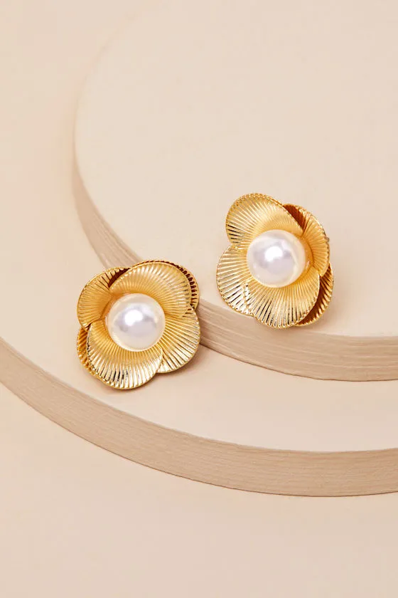 Toria Gold Pearl Flower Earrings sold by Lulus product image thumbnail 2
