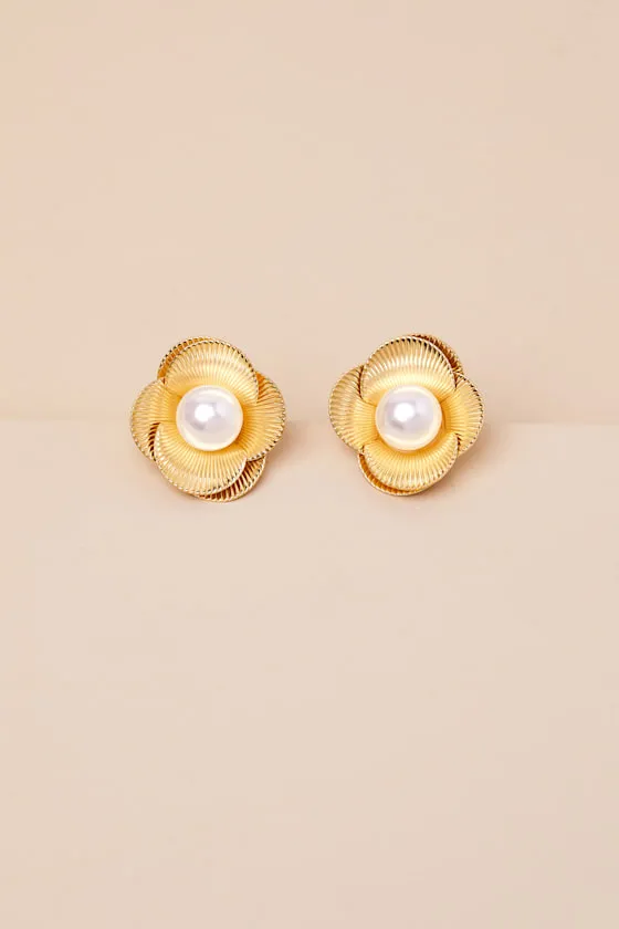 Toria Gold Pearl Flower Earrings sold by Lulus product image thumbnail 4