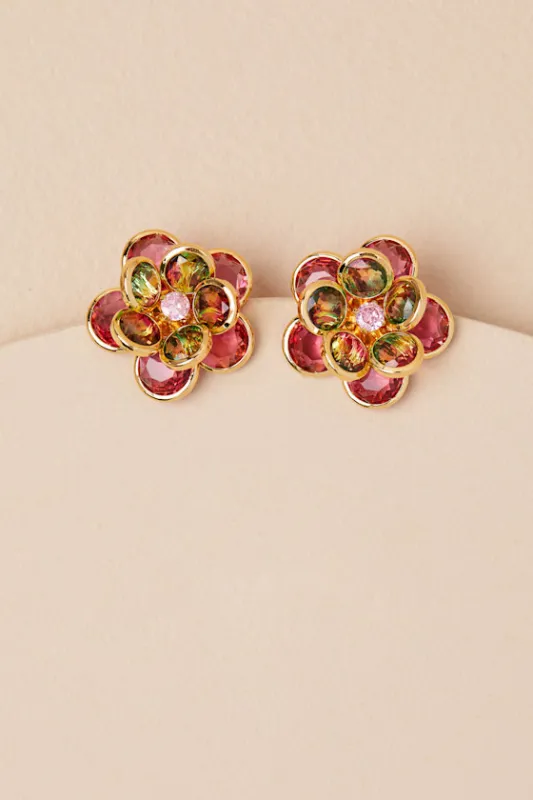 Petunia 14KT Gold Multi Rhinestone Flower Earrings sold by Lulus