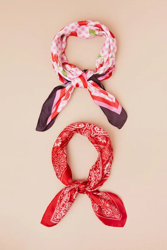 Cosimo Red and Pink Multi Print Satin Scarf Set sold by Lulus