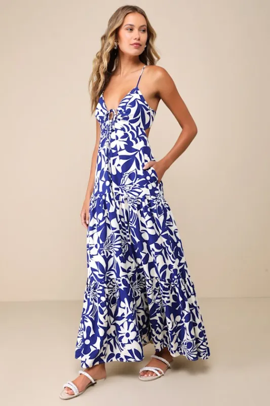 Mykonos Memories Blue and Ivory Abstract Maxi Dress With Pockets sold by Lulus