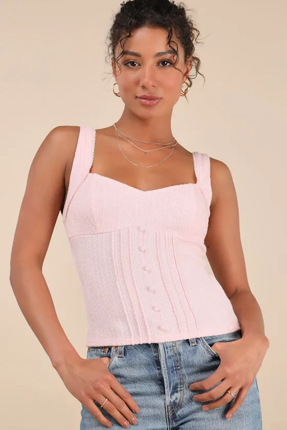 Calanthe Light Pink Pointelle Knit Button-Front Tank Top sold by Lulus