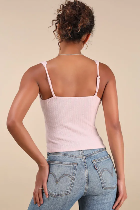 Calanthe Light Pink Pointelle Knit Button-Front Tank Top sold by Lulus product image thumbnail 2