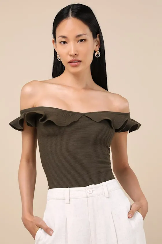 Eilonwy Olive Ribbed Knit Ruffled Top sold by Lulus