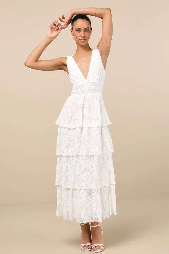 Ezzie White Lace Tiered Midi Dress sold by Lulus