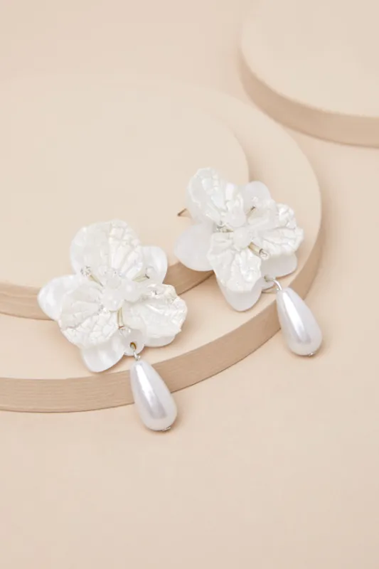Elaborate Addition White Pearl Flower Statement Earrings sold by Lulus